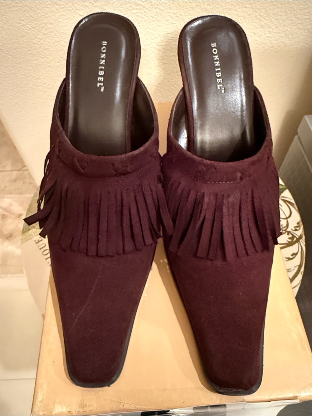 Fringe Suede Mule Heels - Brown